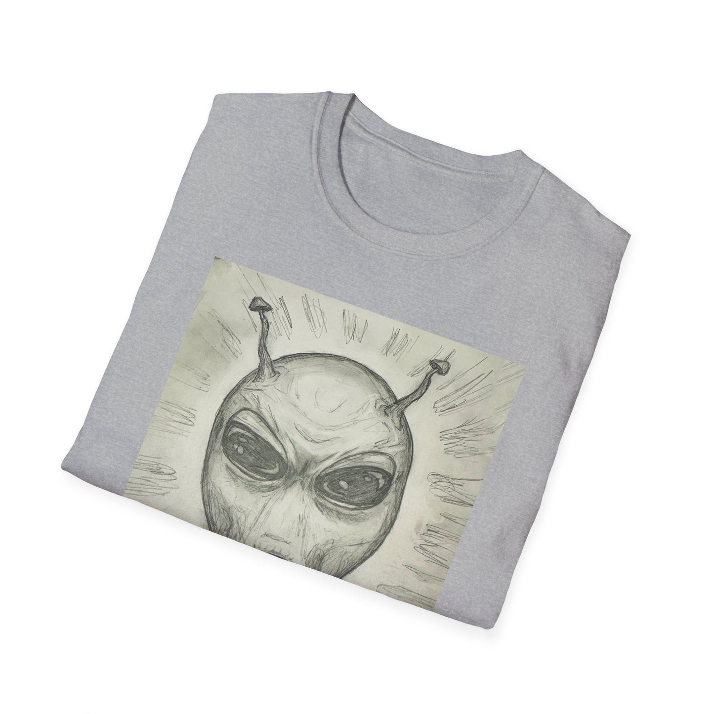 Alien Sketch B & W Unisex Softstyle T-Shirt, Casual Graphic Tee, Sci-Fi Lover Apparel, Unique Gift for UFO Enthusiasts, Everyday Wear