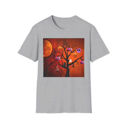 Halloween Pumpkin Tree T-Shirt, Unisex Softstyle Tee for Halloween, Spooky Vibes, Autumn Fashion, Fall Celebration Shirt