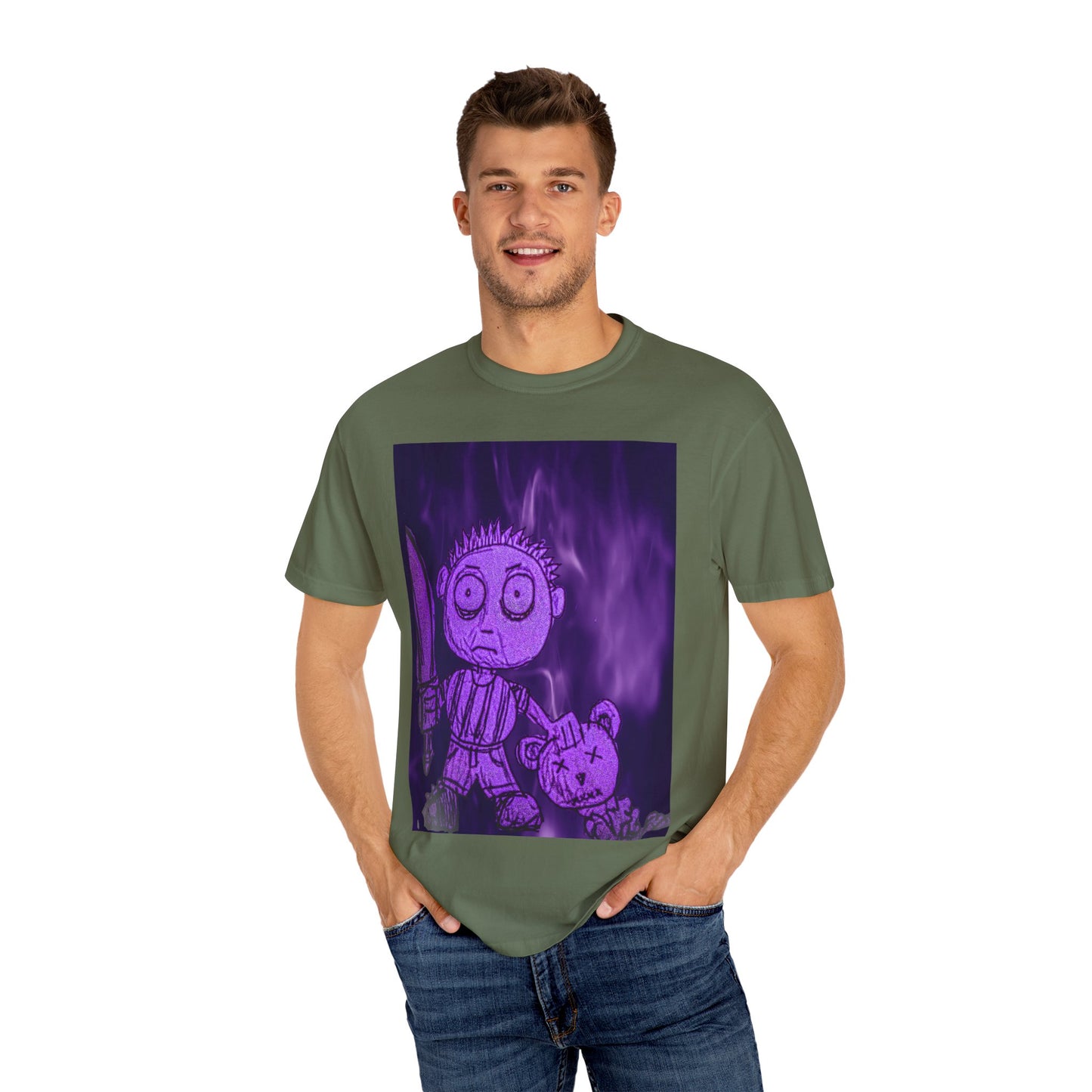 Horror Cartoon T-Shirt — Creepy Knife Kid with Broken Bunny Graphic