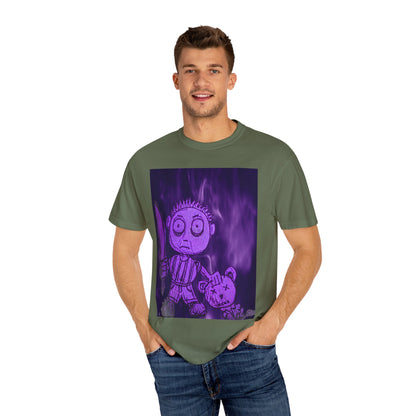Horror Cartoon T-Shirt — Creepy Knife Kid with Broken Bunny Graphic