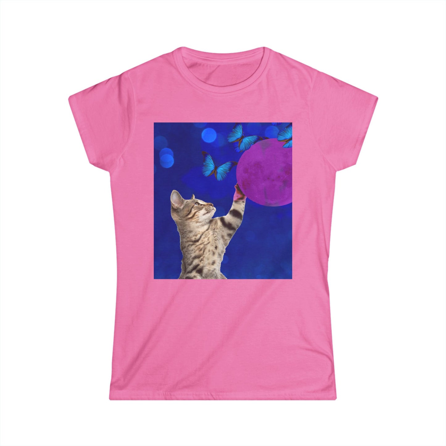 Playful tabby reaches for pink moon Women's Softstyle Tee