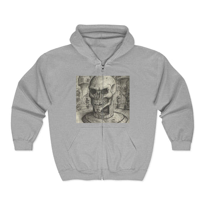 Gothic Black and White Skull Zip Hoodie, Unique Art Sweatshirt, Unisex Heavy Blend Hoodie, Stylish Casual Wear, Perfect for Halloween and Gift
