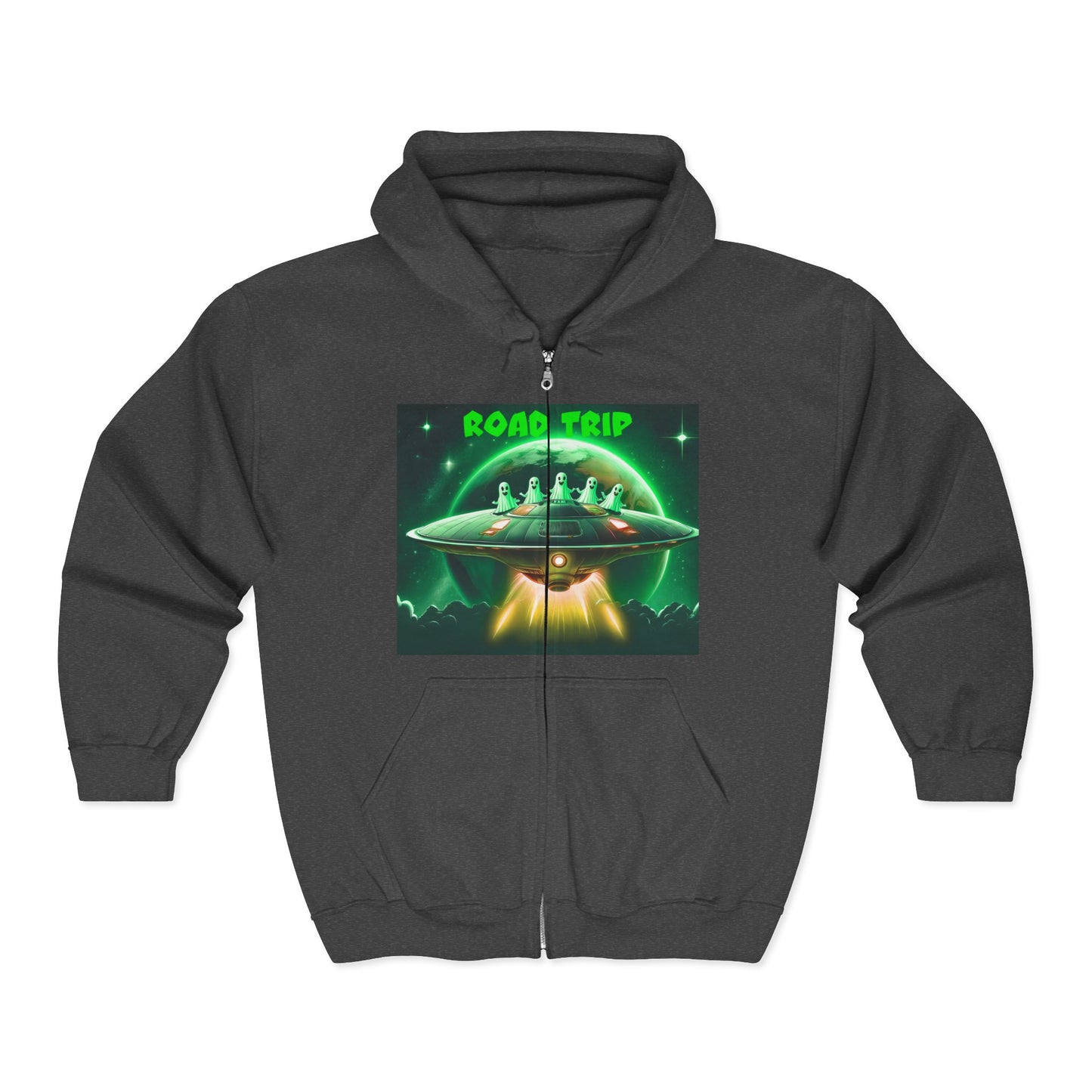 UFO Road Trip Hoodie, Unisex Zip Hoodie, Sci-Fi Sweatshirt, Alien Themed Apparel, Cool Graphic Hoodie, Gift for UFO Lovers