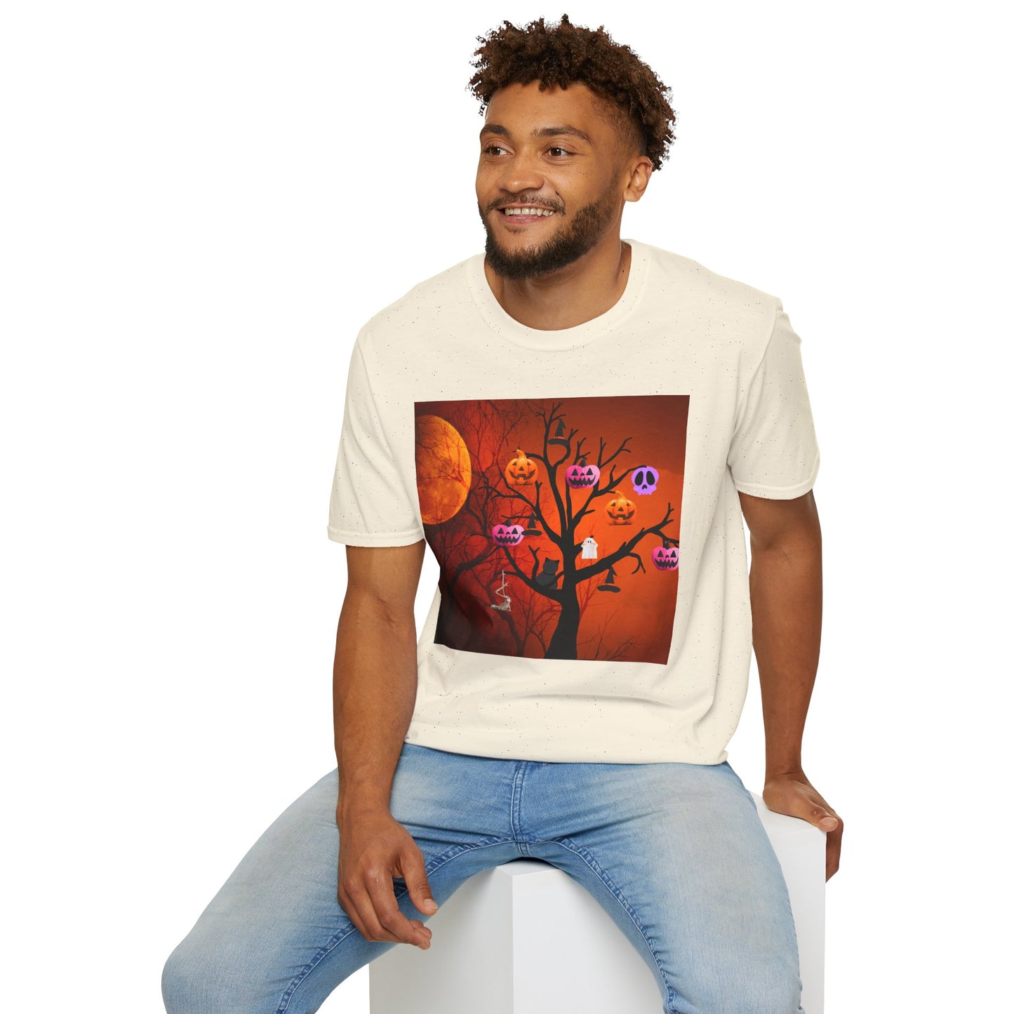 Halloween Pumpkin Tree T-Shirt, Unisex Softstyle Tee for Halloween, Spooky Vibes, Autumn Fashion, Fall Celebration Shirt