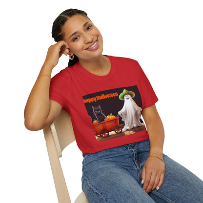Halloween Ghost with wagon t-Shirt, trick or treating  Funny Halloween Tee, Unisex Casual Shirt, Cute Halloween Costume, Spooky Holiday Apparel