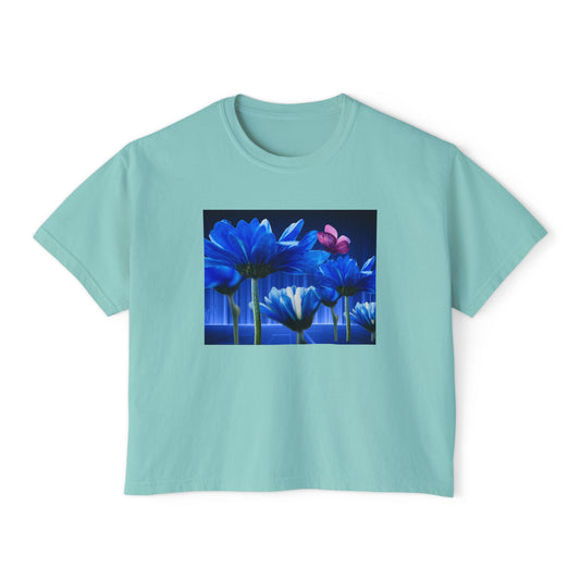 Floral Blue Flowered Backlight Women's Boxy Tee, Boho Chic Style, Perfect Summer Top, Gift for Her, Casual Cute Shirt, Nature-Inspired Apparel