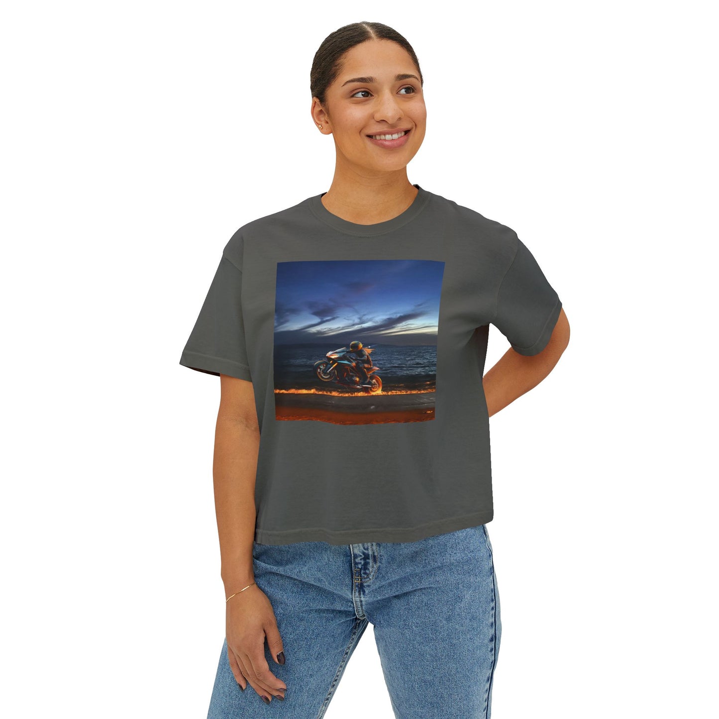 Women's Boxy Tee Fire Wheelie  Ocean Sunset Design, Relaxed Fit T-Shirt, Perfect for Casual Wear, Summer Vibe, Beach Day Gift