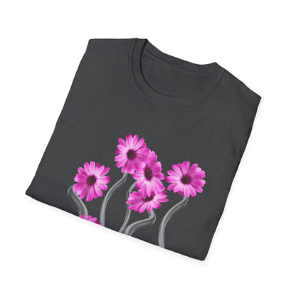 Floral Metal Futuristic Twist T‑Shirt — Pink Daisy Vine Graphic Tee
