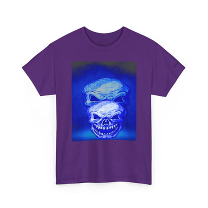 Skull Double Exposure Tee — Neon Blue Horror Graphic T-Shirt