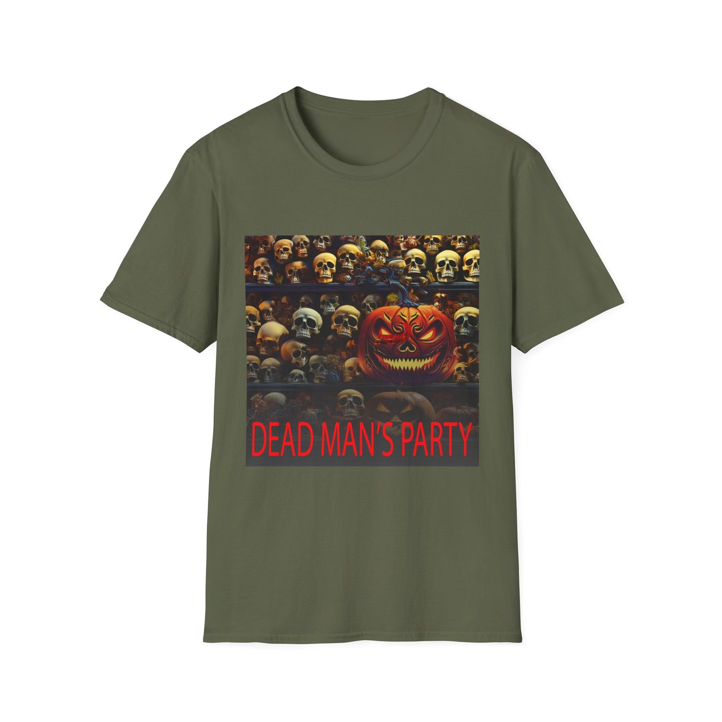 Halloween Dead Mans Party Tee, Unisex Softstyle T-Shirt, Skull Graphic Shirt, Casual Halloween Outfit, Spooky Season Apparel, Horror Fan Gift