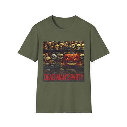 Halloween Dead Mans Party Tee, Unisex Softstyle T-Shirt, Skull Graphic Shirt, Casual Halloween Outfit, Spooky Season Apparel, Horror Fan Gift