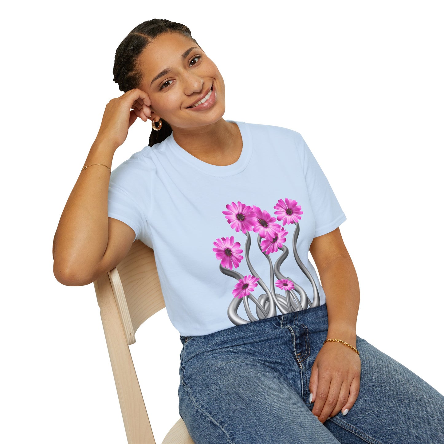 Floral Metal Futuristic Twist T‑Shirt — Pink Daisy Vine Graphic Tee
