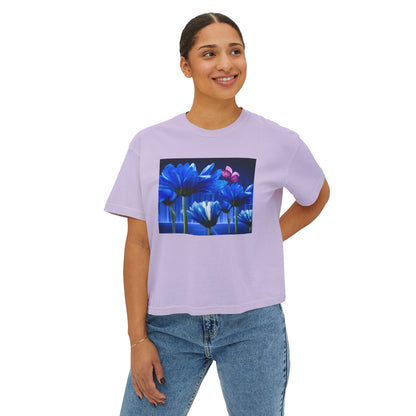 Floral Blue Flowered Backlight Women's Boxy Tee, Boho Chic Style, Perfect Summer Top, Gift for Her, Casual Cute Shirt, Nature-Inspired Apparel