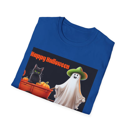 Halloween Ghost with wagon t-Shirt, trick or treating  Funny Halloween Tee, Unisex Casual Shirt, Cute Halloween Costume, Spooky Holiday Apparel