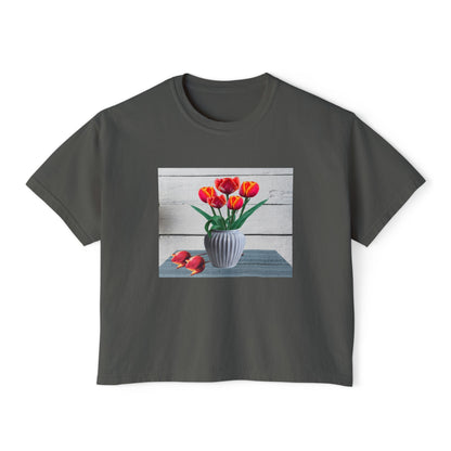 Floral Country Tulips Women's Boxy Tee - Cute Spring Top, Casual Wear, Gift for Her, Garden Lovers, Everyday Style