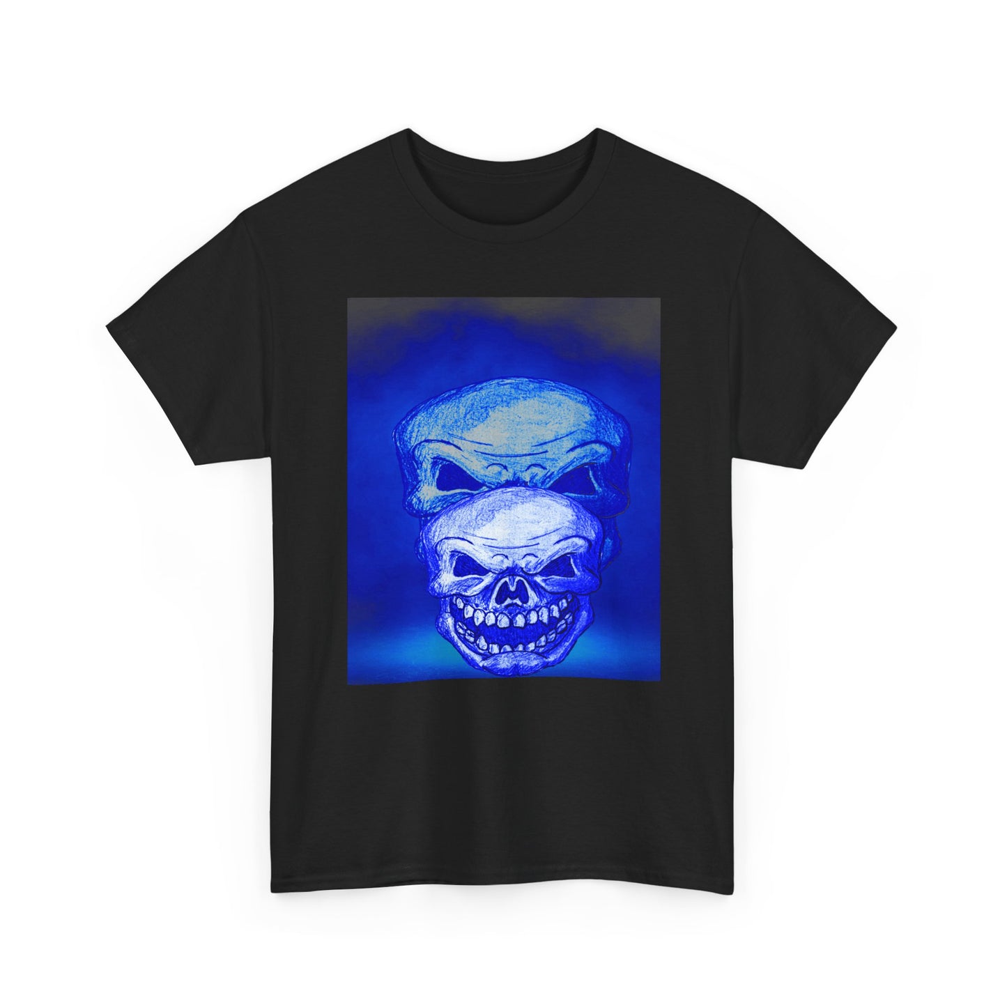 Skull Double Exposure Tee — Neon Blue Horror Graphic T-Shirt