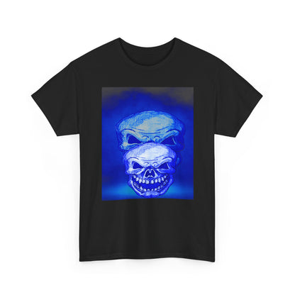 Skull Double Exposure Tee — Neon Blue Horror Graphic T-Shirt