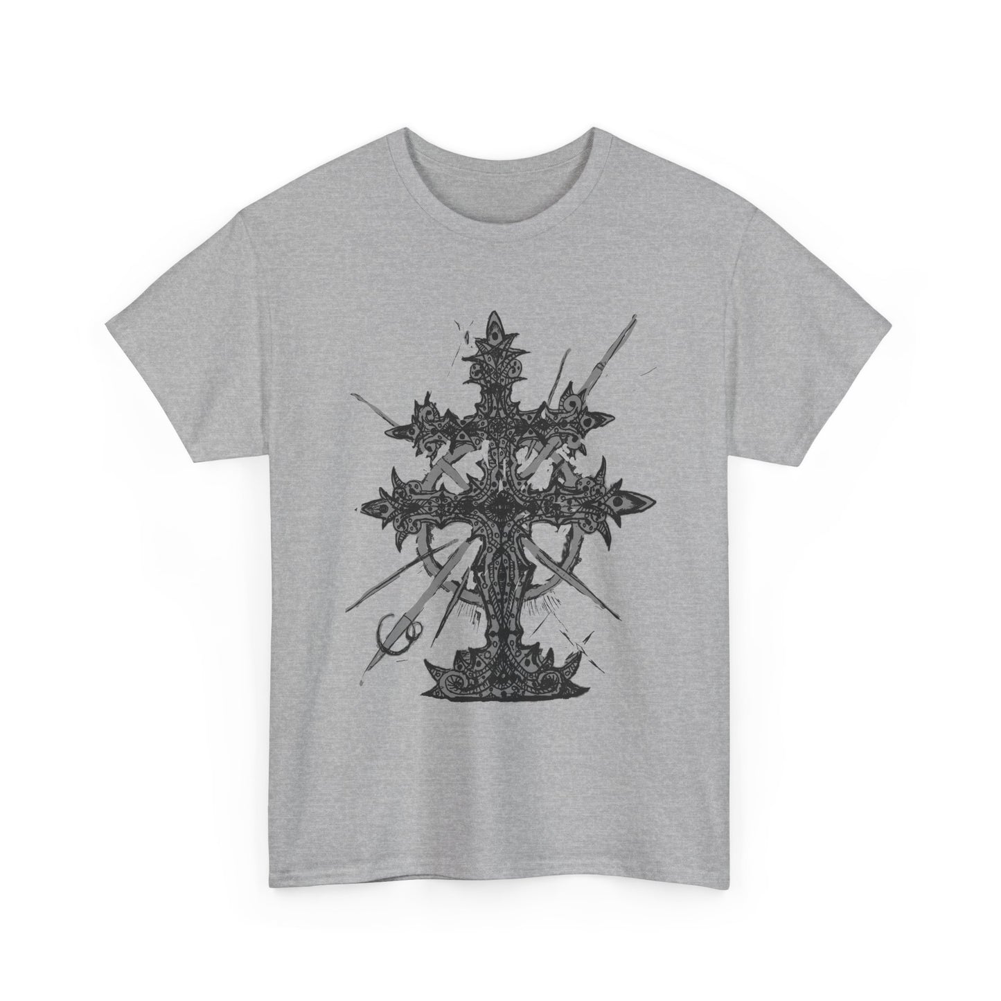 Gothic Cross Graphic T-Shirt — Dark Ornate Church Cross Tee