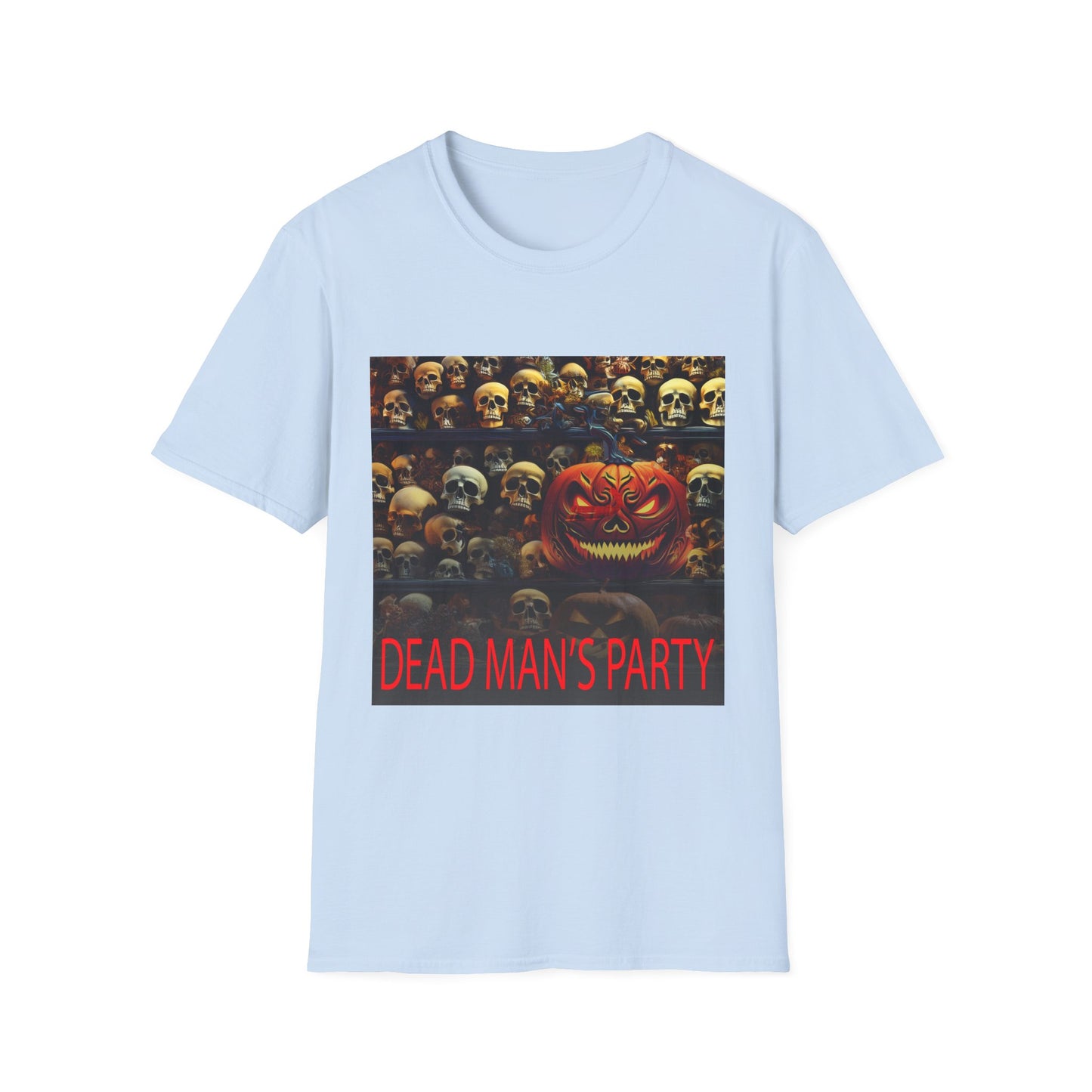 Halloween Dead Mans Party Tee, Unisex Softstyle T-Shirt, Skull Graphic Shirt, Casual Halloween Outfit, Spooky Season Apparel, Horror Fan Gift