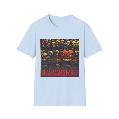 Halloween Dead Mans Party Tee, Unisex Softstyle T-Shirt, Skull Graphic Shirt, Casual Halloween Outfit, Spooky Season Apparel, Horror Fan Gift
