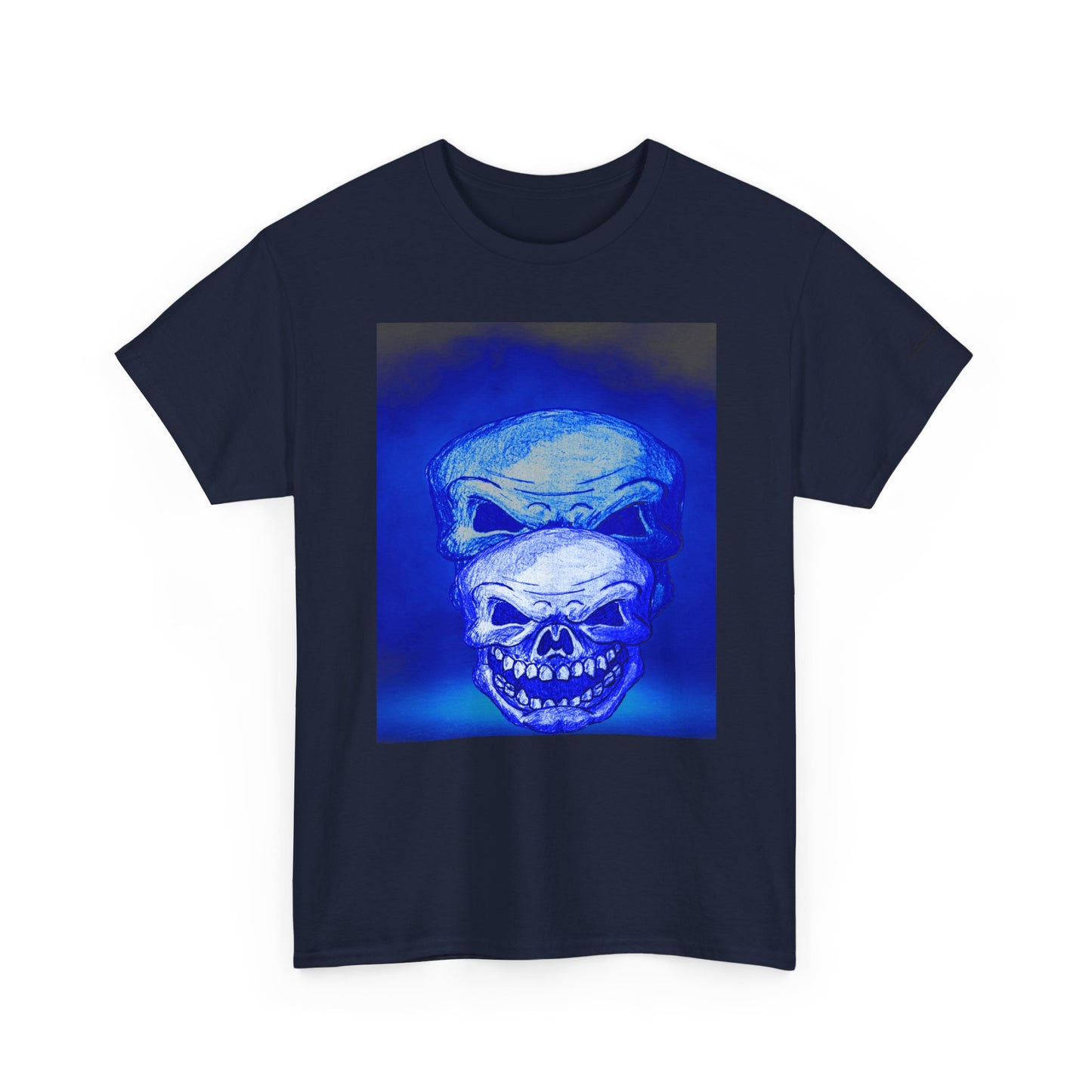 Skull Double Exposure Tee — Neon Blue Horror Graphic T-Shirt