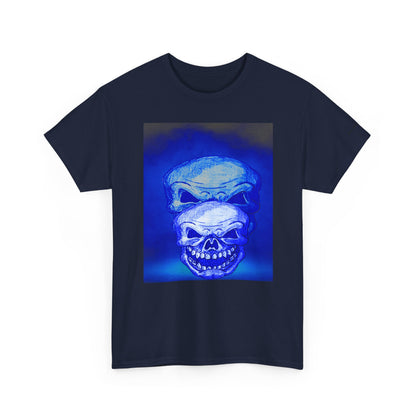 Skull Double Exposure Tee — Neon Blue Horror Graphic T-Shirt