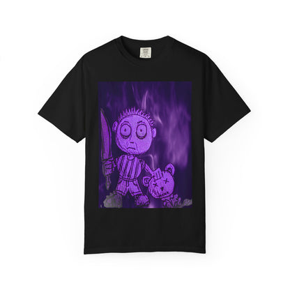 Horror Cartoon T-Shirt — Creepy Knife Kid with Broken Bunny Graphic