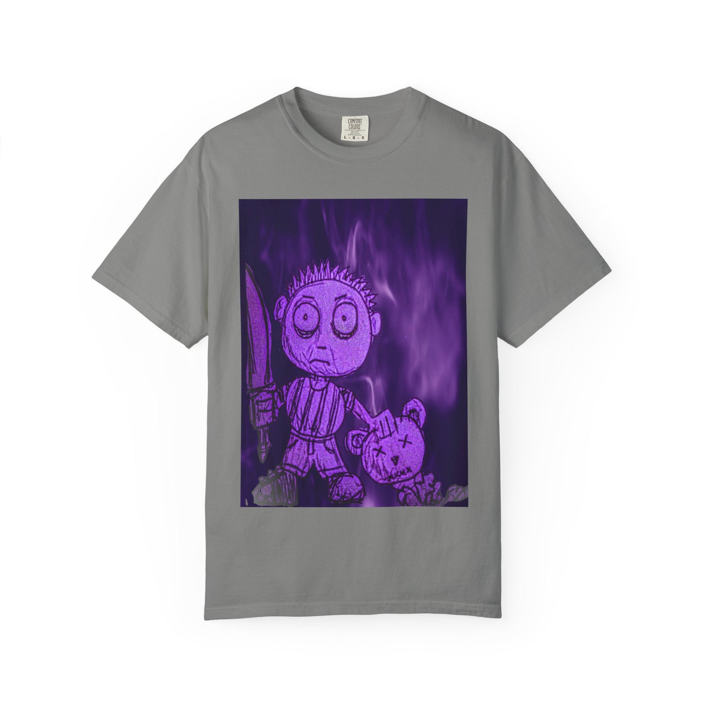 Horror Cartoon T-Shirt — Creepy Knife Kid with Broken Bunny Graphic