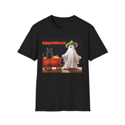 Halloween Ghost with wagon t-Shirt, trick or treating  Funny Halloween Tee, Unisex Casual Shirt, Cute Halloween Costume, Spooky Holiday Apparel