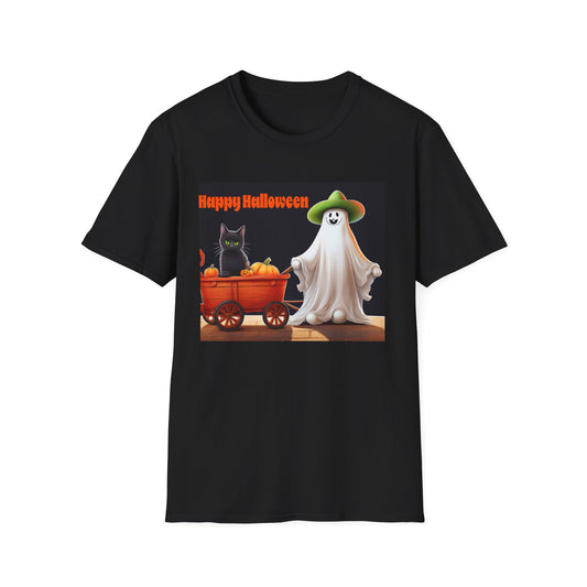 Halloween Ghost with wagon t-Shirt, trick or treating  Funny Halloween Tee, Unisex Casual Shirt, Cute Halloween Costume, Spooky Holiday Apparel