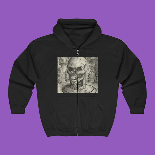 Gothic Black and White Skull Zip Hoodie, Unique Art Sweatshirt, Unisex Heavy Blend Hoodie