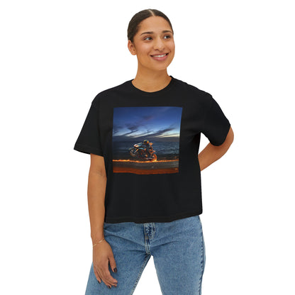 Women's Boxy Tee Fire Wheelie  Ocean Sunset Design, Relaxed Fit T-Shirt, Perfect for Casual Wear, Summer Vibe, Beach Day Gift