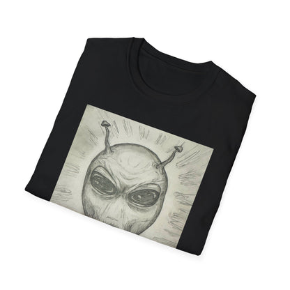 Alien Sketch B & W Unisex Softstyle T-Shirt, Casual Graphic Tee, Sci-Fi Lover Apparel, Unique Gift for UFO Enthusiasts, Everyday Wear