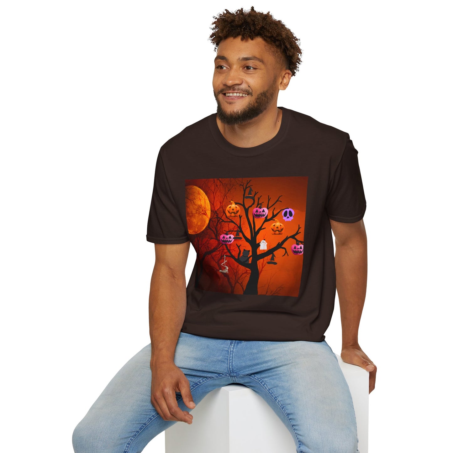 Halloween Pumpkin Tree T-Shirt, Unisex Softstyle Tee for Halloween, Spooky Vibes, Autumn Fashion, Fall Celebration Shirt