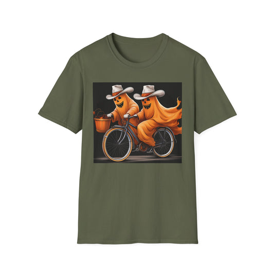 Funny cowboyGhost Bicycle T-Shirt | Halloween Tee for Kids, Unisex Festival Apparel, Ghostly Fun Wear, Spooky Season Gift