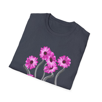 Floral Metal Futuristic Twist T‑Shirt — Pink Daisy Vine Graphic Tee