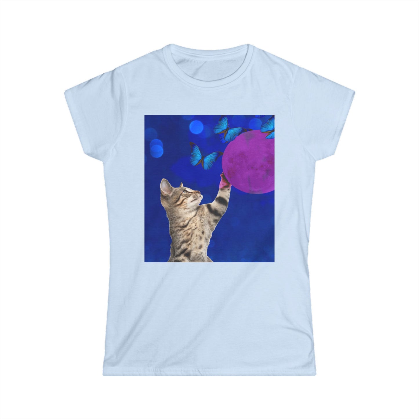 Playful tabby reaches for pink moon Women's Softstyle Tee