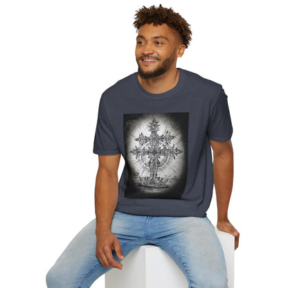 Celtic Cross Graphic Tee, Unisex Softstyle T-Shirt, Spiritual Cross Design Shirt, Casual Wear, Gift for Him/Her