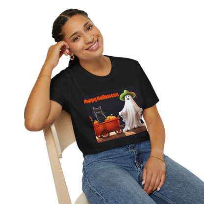 Halloween Ghost with wagon t-Shirt, trick or treating  Funny Halloween Tee, Unisex Casual Shirt, Cute Halloween Costume, Spooky Holiday Apparel