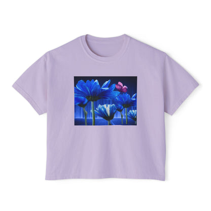 Floral Blue Flowered Backlight Women's Boxy Tee, Boho Chic Style, Perfect Summer Top, Gift for Her, Casual Cute Shirt, Nature-Inspired Apparel