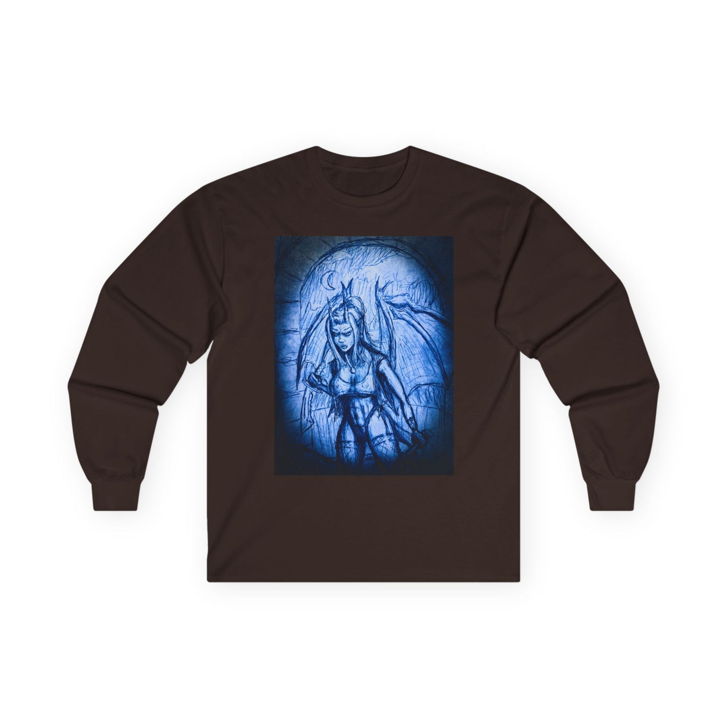 Gothic Demon Art Long Sleeve Tee — Blue Gothic Illustration