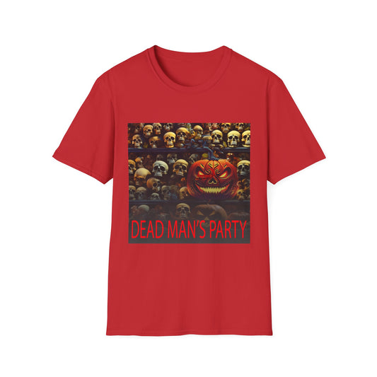 Halloween Dead Mans Party Tee, Unisex Softstyle T-Shirt, Skull Graphic Shirt, Casual Halloween Outfit, Spooky Season Apparel, Horror Fan Gift
