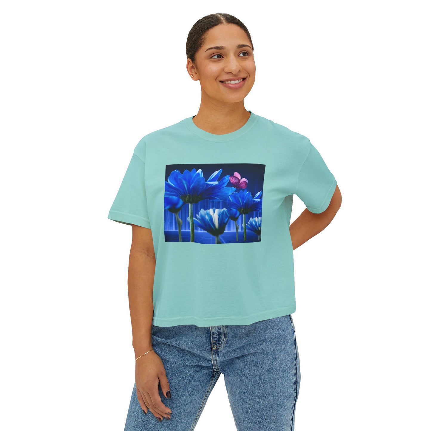 Floral Blue Flowered Backlight Women's Boxy Tee, Boho Chic Style, Perfect Summer Top, Gift for Her, Casual Cute Shirt, Nature-Inspired Apparel