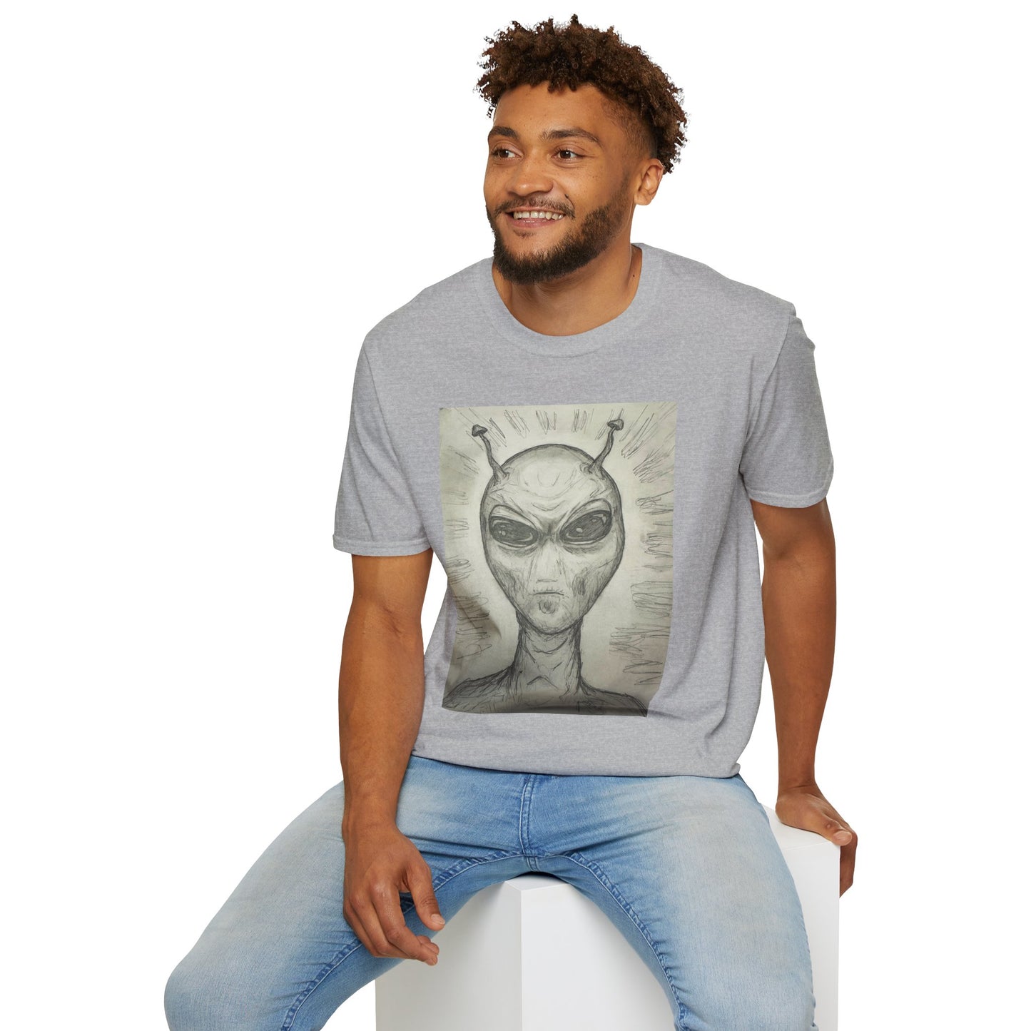 Alien Sketch B & W Unisex Softstyle T-Shirt, Casual Graphic Tee, Sci-Fi Lover Apparel, Unique Gift for UFO Enthusiasts, Everyday Wear