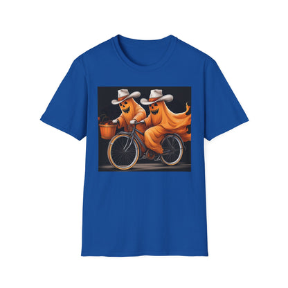Funny cowboyGhost Bicycle T-Shirt | Halloween Tee for Kids, Unisex Festival Apparel, Ghostly Fun Wear, Spooky Season Gift