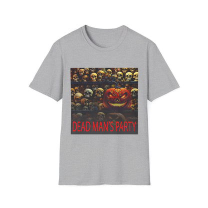 Halloween Dead Mans Party Tee, Unisex Softstyle T-Shirt, Skull Graphic Shirt, Casual Halloween Outfit, Spooky Season Apparel, Horror Fan Gift